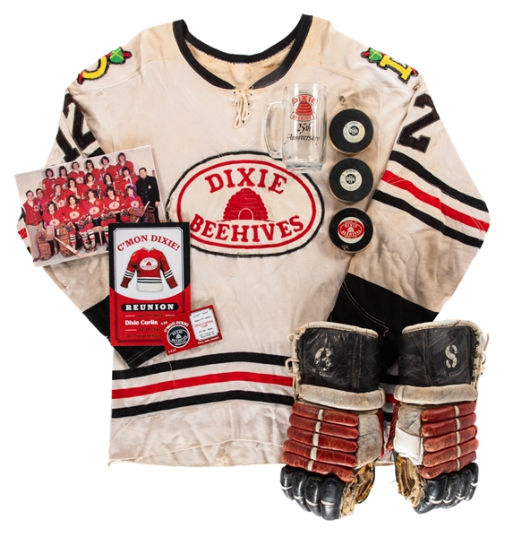 Doug Pateys Early-to-Mid-1970s OPJAHL Dixie Beehives Memorabilia Collection Including Game-Worn Jersey and Gloves, Goal Pucks (3), Drinking Glass and Reunion Program, Ticket plus Photo