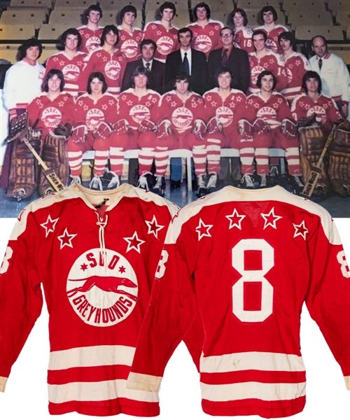 Doug Pateys Mid-1970s OHL Sault Ste. Marie (Soo) Greyhounds Memorabilia Collection Including Game-Worn Jersey, Leather Team Jacket, Presentational Plaque and Game Pucks