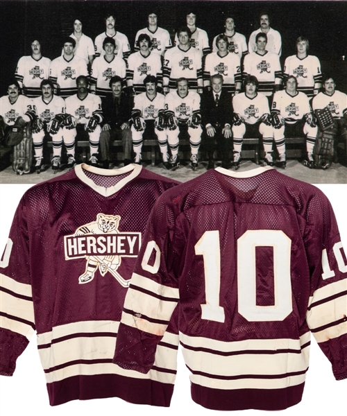 Doug Pateys Mid-to-Late-1970s AHL Hershey Bears  Memorabilia Collection Including Circa 1978 Game-Worn Jersey, Team Jacket, Porcelain Figurine, Booster Club Plate and Drinking Glass Plus More