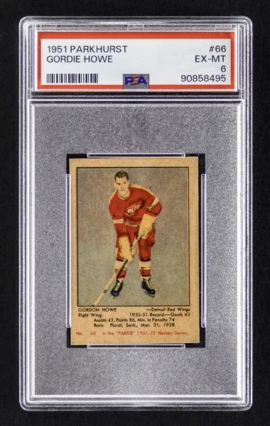 1951-52 Parkhurst Hockey Card #66 HOFer Gordie Howe Rookie – Graded PSA 6