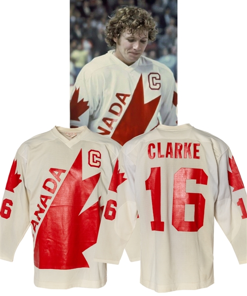 Bobby Clarkes 1976 Team Canada Game-Worn Captains Jersey with LOA Signed by Czechoslovakian Captain Frantisek Pospisil - Photo-Matched!