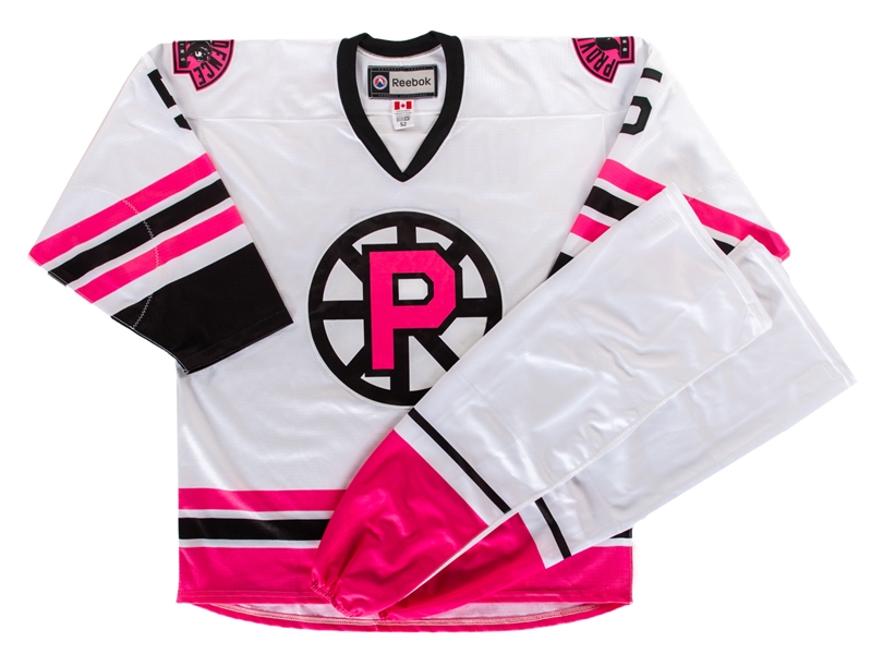 David Warsofsky’s 2012-13 AHL Providence Bruins "Pink in the Rink" Breast Cancer Awareness Game-Worn Jersey and Game Socks