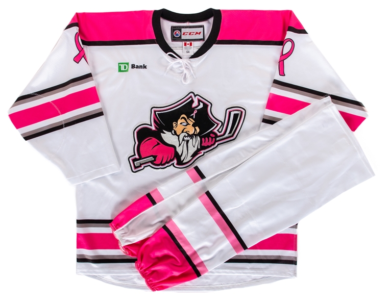 Rocco Grimaldis 2015-16 AHL Portland Pirates "Pink in the Rink" Breast Cancer Awareness Night Signed Game-Worn Jersey and Game-Socks with Team LOA