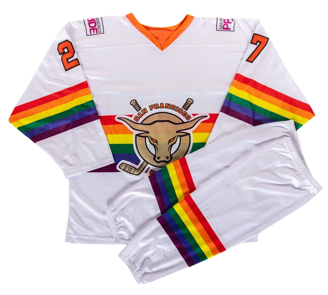 Berkley Scott’s 2013-14 ECHL San Francisco Bulls "Pride Night" Game-Worn Jersey and Socks - First Rainbow Imagery Jersey in Professional Sports!