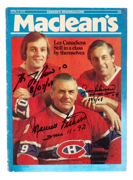 Macleans April 5th, 1976 Montreal Canadiens Maurice Richard, Jean Beliveau and Guy Lafleur Triple-Signed Magazine