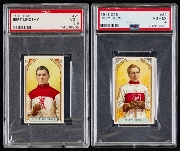 1911-12 Imperial Tobacco C55 PSA-Graded Hockey Cards (2) Including #21 Bert Lindsay Rookie (VG+ 3.5) and #32 HOFer Riley Hern (VG-EX 4)