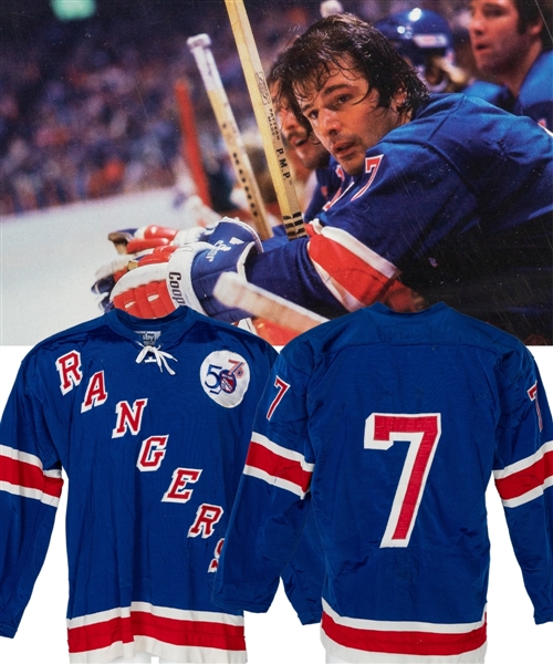 Rod Gilberts 1975-76 New York Rangers Game-Worn Jersey with MeiGray LOA and COR - Numerous Team Repairs! - 50th Anniversary Patch! - Photo-Matched! (Barry Meisel Collection)