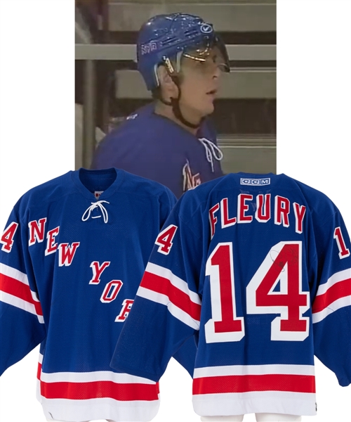 Theoren Fleurys October 7th 2001 New York Rangers Signed Game-Worn Jersey for Twin Towers Fund with Team LOA - 9/11 Patch! - One Game Style "New York" Jersey!