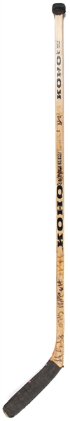 Jari Kurris Mid-to-Late-1980s Edmonton Oilers Team-Signed Koho Silverfibre Game-Used Stick Including Messier, McTavish, Huddy, Ranford, Tikkanen and Others