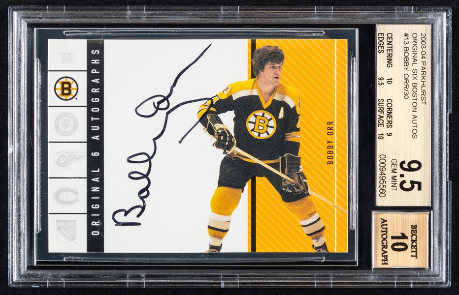 2003-04 Parkhurst Original Six Boston Autos Signed Hockey Card #OS-BO HOFer Bobby Orr /30 - Graded Beckett 9.5 - Autograph Graded 10