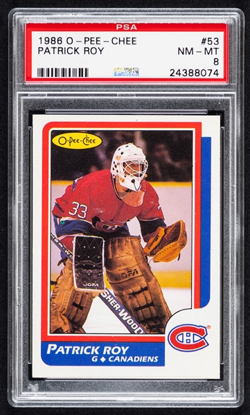 1986-87 O-Pee-Chee Hockey Card #53 HOFer Patrick Roy Rookie - Graded PSA 8