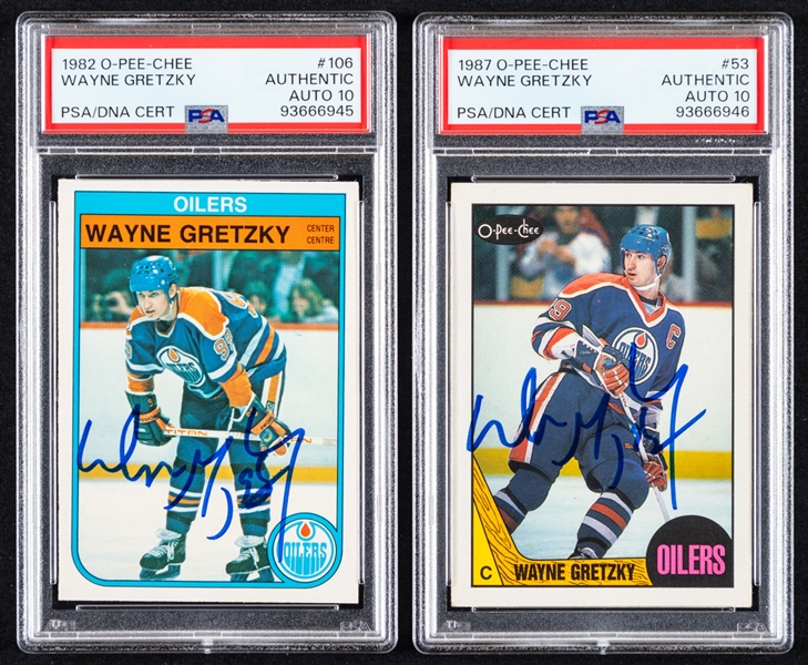 1982-83 and 1987-88 O-Pee-Chee Signed Hockey Cards of HOFer Wayne Gretzky (PSA/DNA Certified Authentic Autographs - Autographs Graded 10)