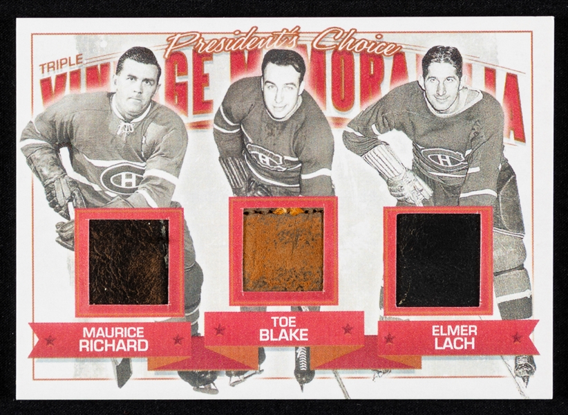 2010 ITG Presidents Choice Collection Triple Vintage Memorabilia Hockey Card of Montreal Canadiens "Punch Line" Featuring HOFers Maurice Richard, Toe Blake and Elmer Lach