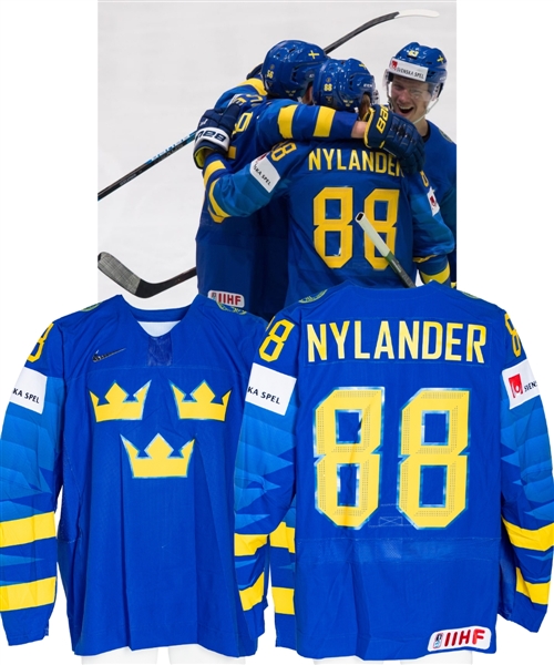 William Nylanders 2019 IIHF World Championship Team Sweden Game-Worn Jersey with Swedish Ice Hockey Association LOA - Tournament Leading Scorer! - Photo-Matched!