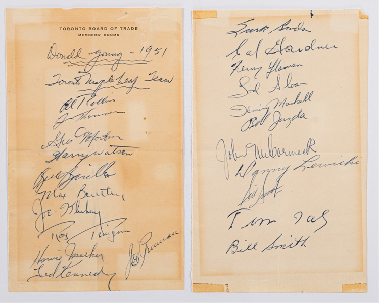 Toronto Maple Leafs 1950-51 Stanley Cup Champions Team-Signed Sheets by 22 Including Bill Barilko and Deceased HOFers Primeau, Bentley, Kennedy, Watson, Flaman and Broda with LOA