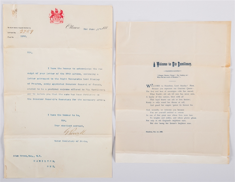 June 2nd 1888 Canada Department of the Secretary of State Letter and Poem for the Nomination of Lord Stanley of Preston as Governor General of Canada