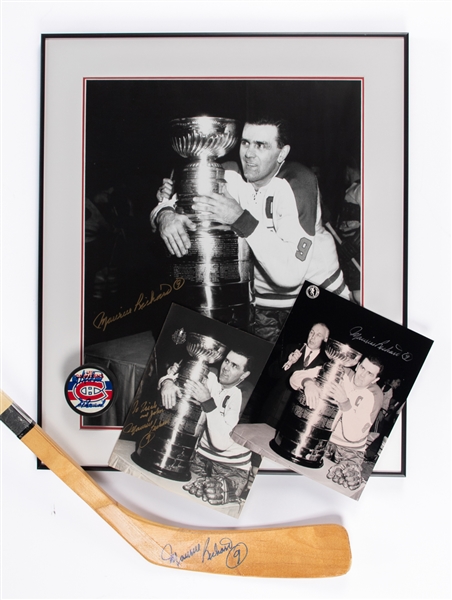 Deceased HOFer Maurice Richard Signed Montreal Canadiens Framed 16"x 20" Photo, Signed 8"x10" Photos (2), Signed Hockey Stick and Dual-Signed Richard Bros Puck with JSA Auction LOA