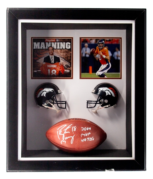 Peyton Manning Indianapolis Colts / Denver Broncos Signed Football Framed Display with JSA Auction LOA (23 1/2" x 27 1/2") - "2004 MVP" and "49 TDs" Annotations