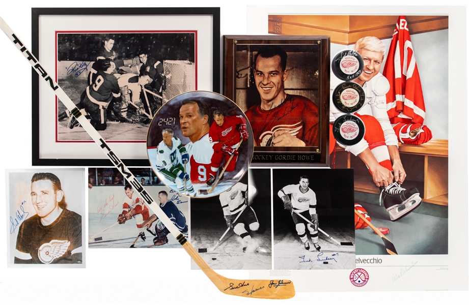 Detroit Red Wings Signed Memorabilia Collection of 12 Including Howe, Lindsay, Delvecchio and Abel with JSA Auction LOA