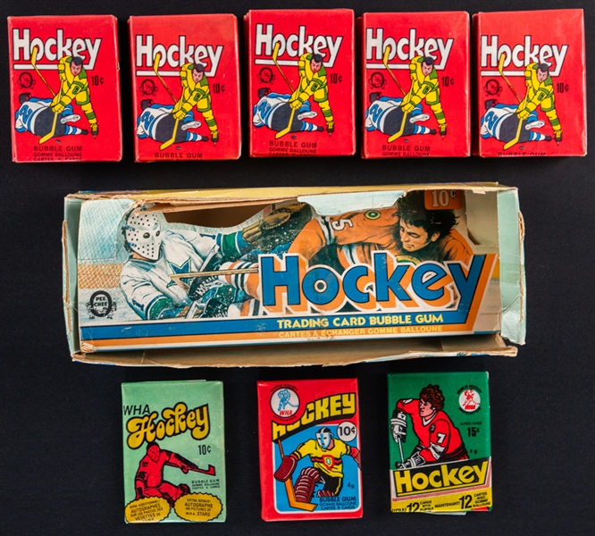 1975-76 O-Pee-Chee Hockey Wax Packs (20) with Display Box Plus 1974-75, 1976-77 and 1977-78 O-Pee-Chee WHA Hockey Wax Packs