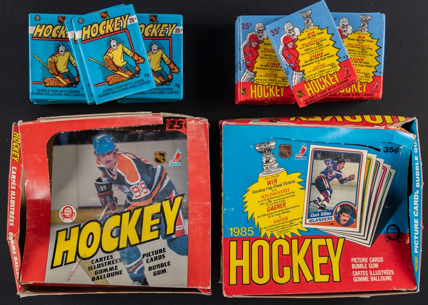 1982-83 O-Pee-Chee Hockey Wax Packs (13) with Display Box Plus 1984-85 O-Pee-Chee Hockey Wax Packs (12) with Display Box