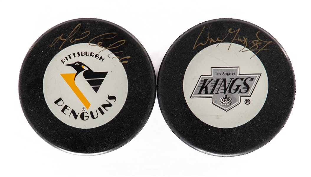 Wayne Gretzky Signed Los Angeles Kings Puck and Mario Lemieux Signed Pittsburgh Penguins Puck with JSA Auction LOA