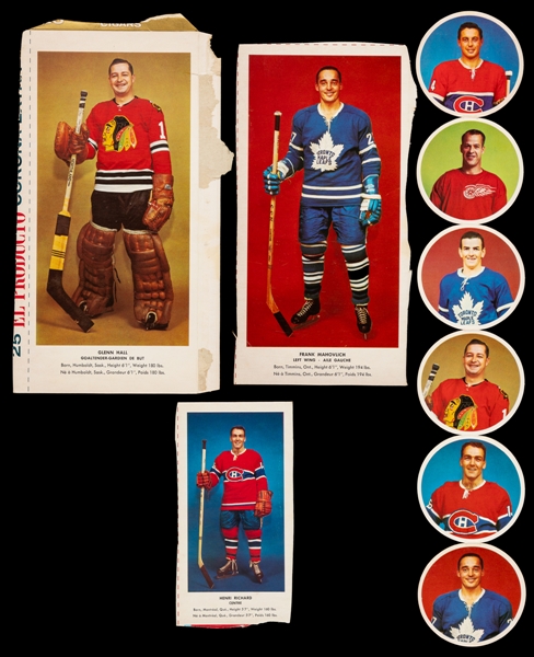 1962-63 El Producto Complete Undetached Set of 6 Hockey Coasters Plus Glenn Hall and Frank Mahovlich Cigar Box NHL Star Panel Photos and Henri Richard Small Size Cigar Box NHL Star Panel Photo