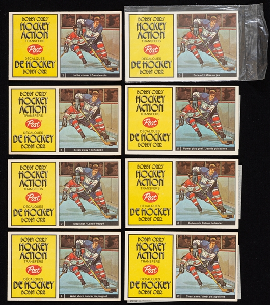 1967-68 Post Flip Books (3), 1971-72 Post Shooters (3), 1972-73 Post Bobby Orr Hockey Action Transfers (8 - 1 Unopened) and 1972-73 Letraset Action Complete Transfers Set (24) 