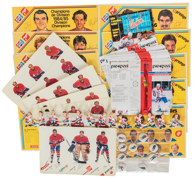 1970s and 1980s Montreal Canadiens Collection Including Canadiens+Nordiques Placemats, 9 1970-71 Canadiens Pins, Provigo Figurines + Booklet, Quartz Watch Placard Collection and Vachon Sticker Book