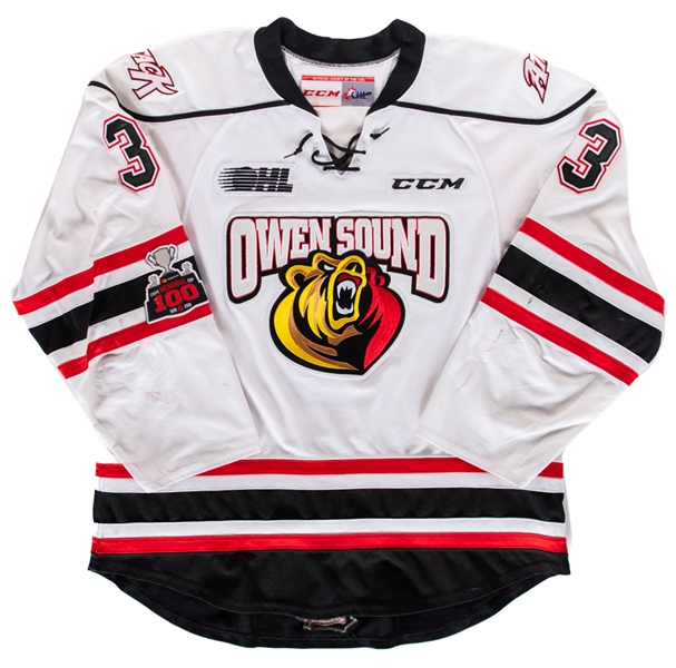 Cole Cameron’s 2017-18 OHL Owen Sound Attack Game-Worn Jersey with Team LOA - Nice Game Wear! - Team Repairs! - Memorial Cup 100th Anniversary Patch!