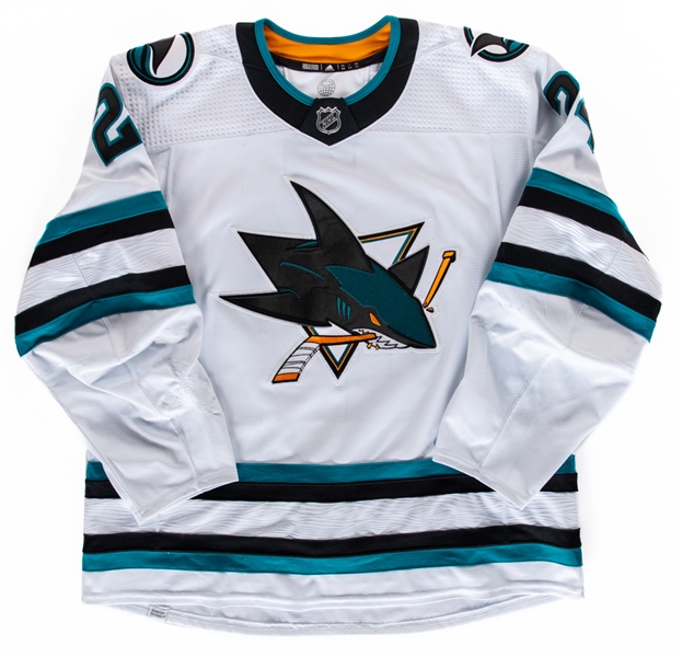 Jaycob Megnas 2022-23 San Jose Sharks Game-Worn Jersey - Nice Game-Wear! - Team Repairs! - Photo-Matched!