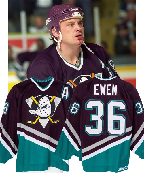 Todd Ewens 1995-96 Mighty Ducks of Anaheim Alternate Captains Game-Worn Jersey with LOA - Heavy Game Wear! - Numerous Team Repairs! - Photo-Matched!