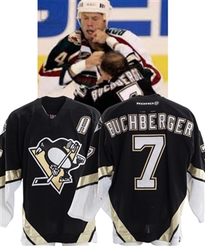 Kelly Buchberger 2003-04 Pittsburgh Penguins Game-Worn Alternate Captains Game-Worn Jersey with Team COA - Heavy Game Wear! - Team Repairs! - Photo-Matched!