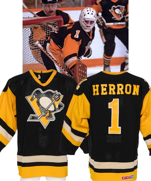 Denis Herrons 1984-85 Pittsburgh Penguins Game-Worn Jersey with LOA - Team Repairs! - Photo-Matched!