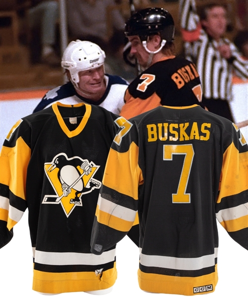 Rod Buskas 1987-88 Pittsburgh Penguins Game-Worn Jersey with LOA - Heavy Game Wear! - Team Repairs!