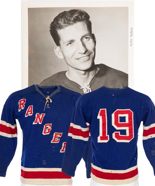 Larry Popeins Mid-1950s New York Rangers Game-Worn Wool Jersey - 20+ Team Repairs! - Photo-Matched!