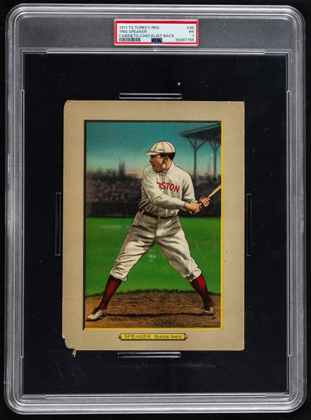 1911 Turkey Red Cabinet Baseball Card #36 HOFer Tris Speaker (Checklist Back) - Graded PSA 1