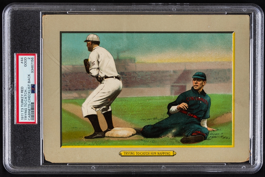 1911 Turkey Red Cabinet Baseball Card #44 Trying to Catch Him Napping (Checklist Back) - Graded PSA 2