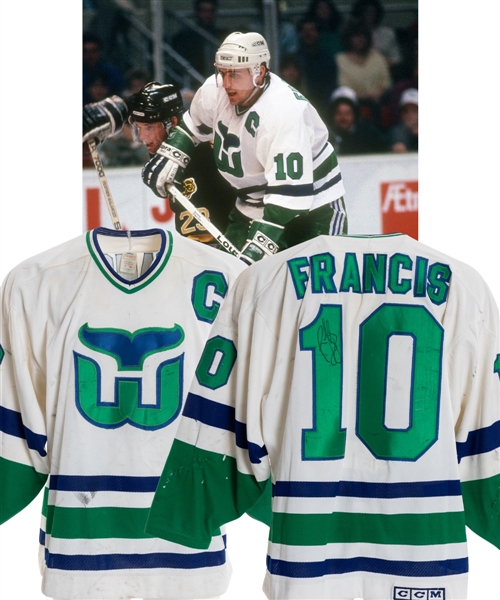 Ron Francis 1989-90 Hartford Whalers Signed Game-Worn Captains Jersey with MeiGray LOA and COR - Nice Game Wear! - Team Repairs! - Video-Matched!