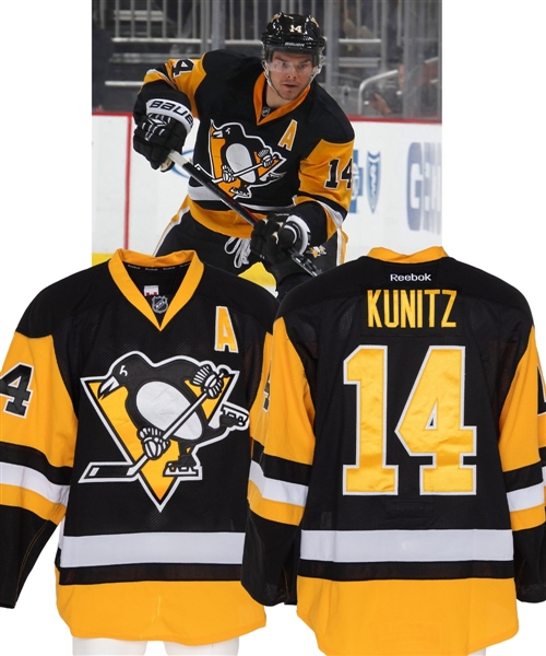 Chris Kunitzs 2014-15 Pittsburgh Penguins Game-Worn Alternate Captains Third Jersey with Team COA and JerseyTRAK Document - Team Repairs! - Photo-Matched!