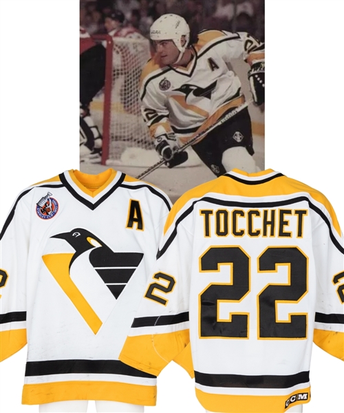 Rick Tocchets 1992-93 Pittsburgh Penguins Alternate Captains Game-Worn Jersey - Stanley Cup Centennial Patch! - Nice Game Wear! - Career High Season for Goals (48) and Points (109)!