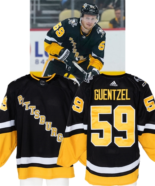 Jake Guentzels 2021-22 Pittsburgh Penguins Game-Worn Third Jersey with Team COA - Team Repairs! - Photo-Matched!