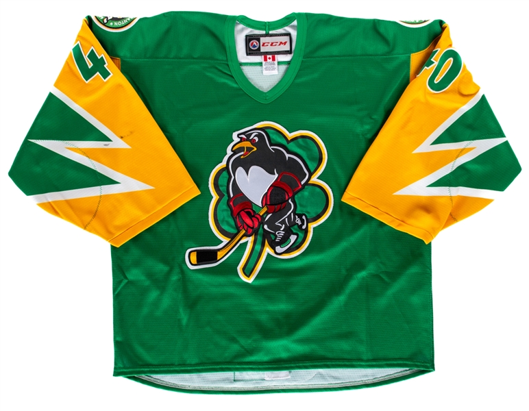 John Muse’s 2018-19 AHL Wilkes-Barre Scranton Penguins "St. Patricks Day" Signed Game-Worn Jersey with Team LOA - 20th Season Patches