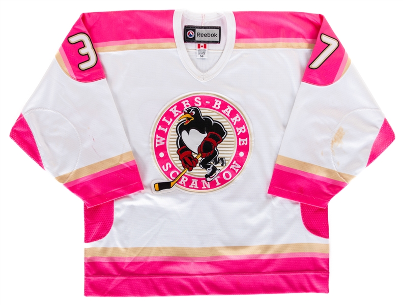 Paul Thompson’s 2011-12 AHL Wilkes-Barre Scranton Penguins "Pink in the Rink" Signed Game-Worn Jersey