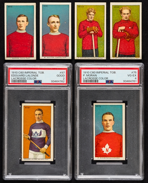 1910-11 Imperial Tobacco C60 Lacrosse Card Starter Set (79/98) Including PSA-Graded Cards of #75 HOFer Paddy Moran (VG-EX 4) and #97 HOFer Newsy Lalonde (GOOD 2)