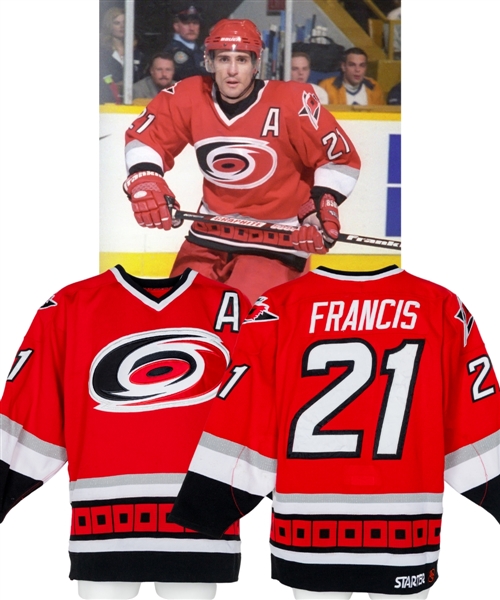 Ron Francis 1998-99 Carolina Hurricanes Game-Worn Alternate Captains Jersey with LOA - Team Repairs! 
