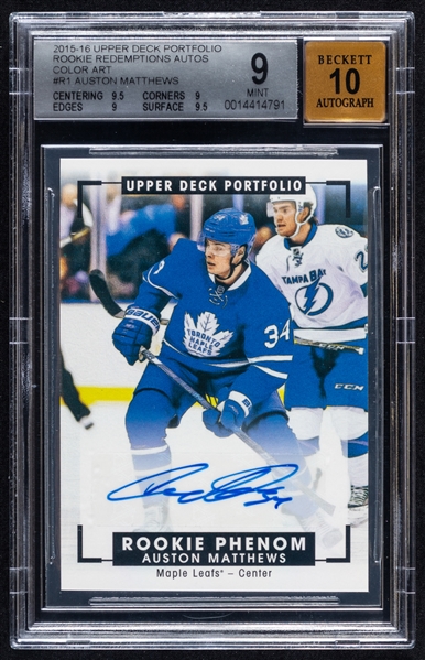 2015-16 Upper Deck Portfolio Rookie Redemptions Autos Color Art Hockey Card #R1 Auston Matthews  – Card Graded Beckett MINT 9 / Autograph Graded 10