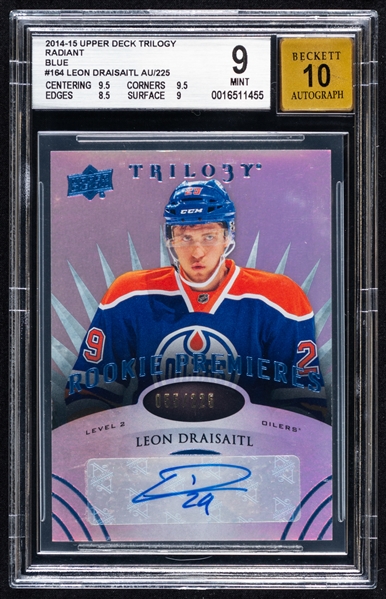 2014-15 Upper Deck Trilogy Rookie Premieres Radiant Blue Signed Hockey Card #164 Leon Draisaitl (055/255) – Card Graded Beckett MINT 9 / Autograph Graded 10