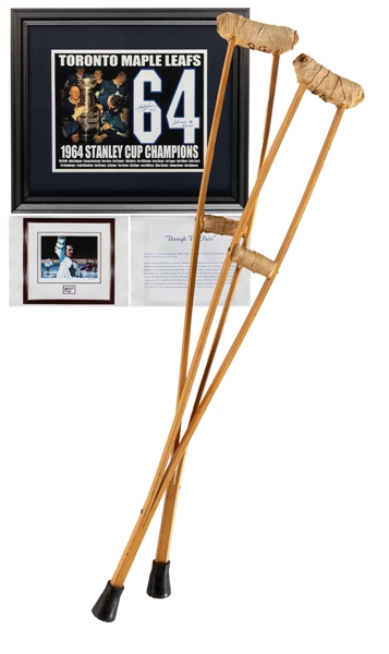 Toronto Maple Leafs 1964 Stanley Cup Framed Litho Signed by Bobby Baun and Johnny Bower, "Through the Pain" Prints (1,000+) and Crutches - From the Personal Collection of Bobby Baun with Family LOA