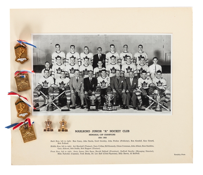 Bobby Bauns 1954-55 Toronto Marlboros Memorial Cup Champions Team Photo and 1955 and 1956 OHA and Memorial Cup Medals/Charms - From the Personal Collection of Bobby Baun with Family LOA